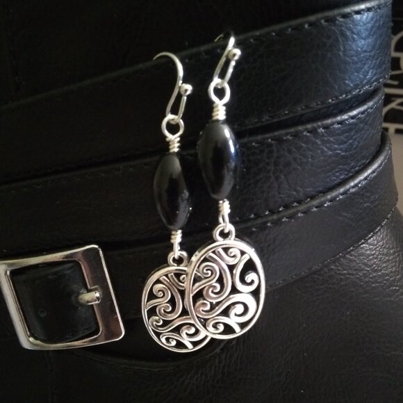 Silver Swirl Filigree & Black Jasper Bead Earrings ~ Feminine Power Tribal Vibes - Picture 6 of 9